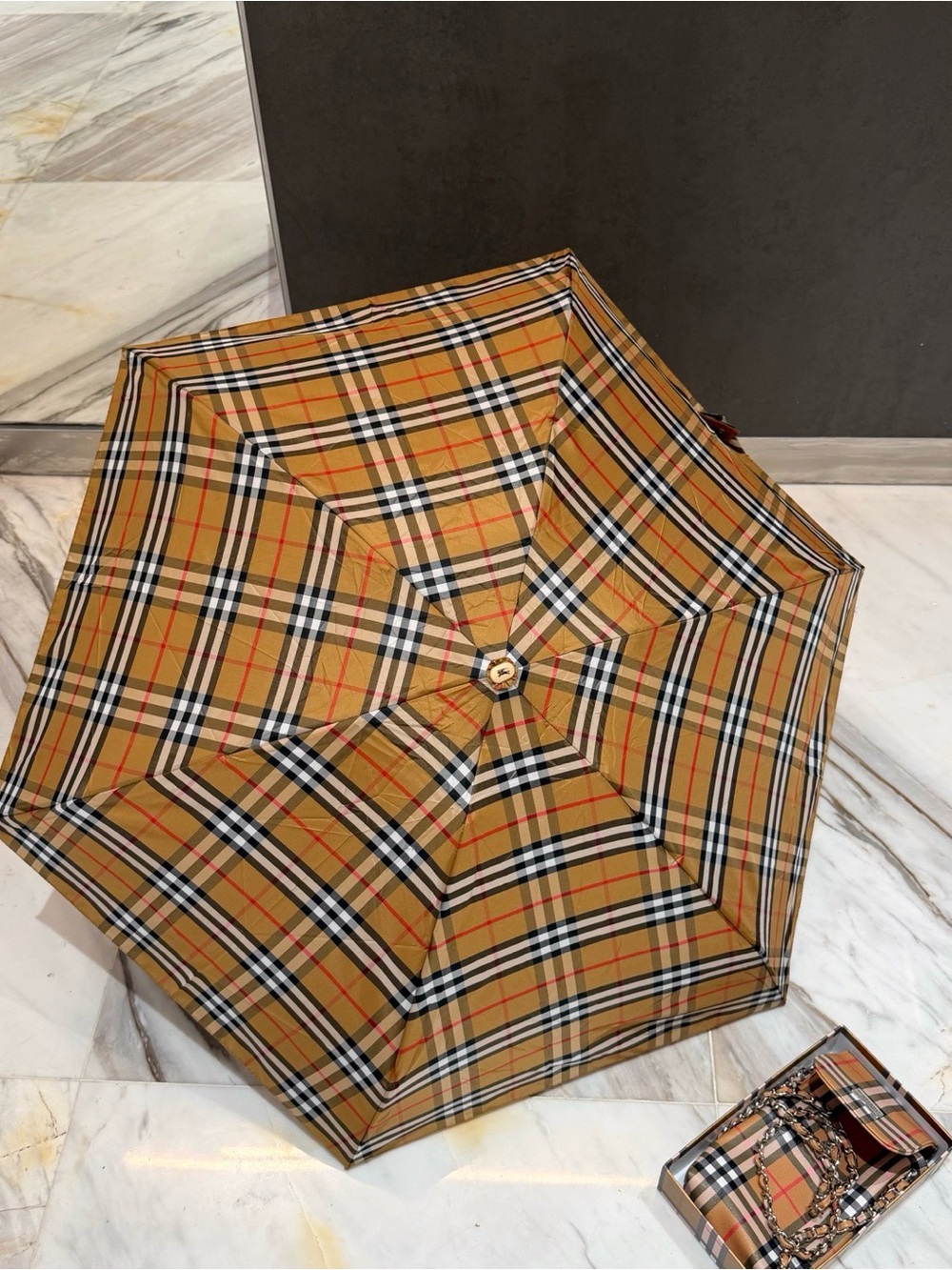 Burberry Tan Plaid Compact Umbrella